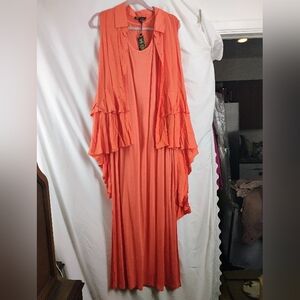 Elegant Orange Women's Dress with Cold Shoulders and a Flowing Vest